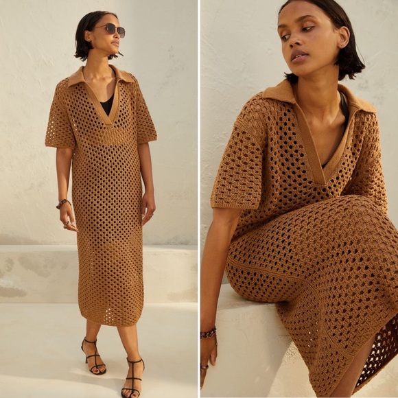 H&M Dresses & Skirts - H&M Tan Brown Crochet Collared Boho Beach Swimsuit Coverup Midi Dress Size Small